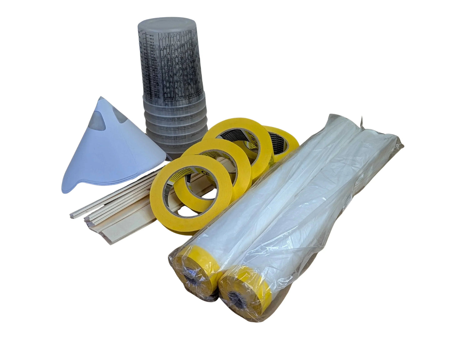 Vehicle Mask & Mix Bundle - mixing cups, sticks, strainers, Q1 yellow masking tape and drop film