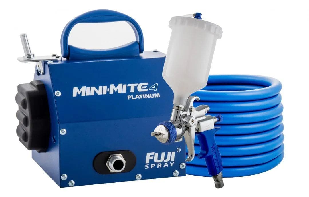 Fuji Spray Mini-Mite 4 Platinum paint sprayer with blue hose and white paint cup