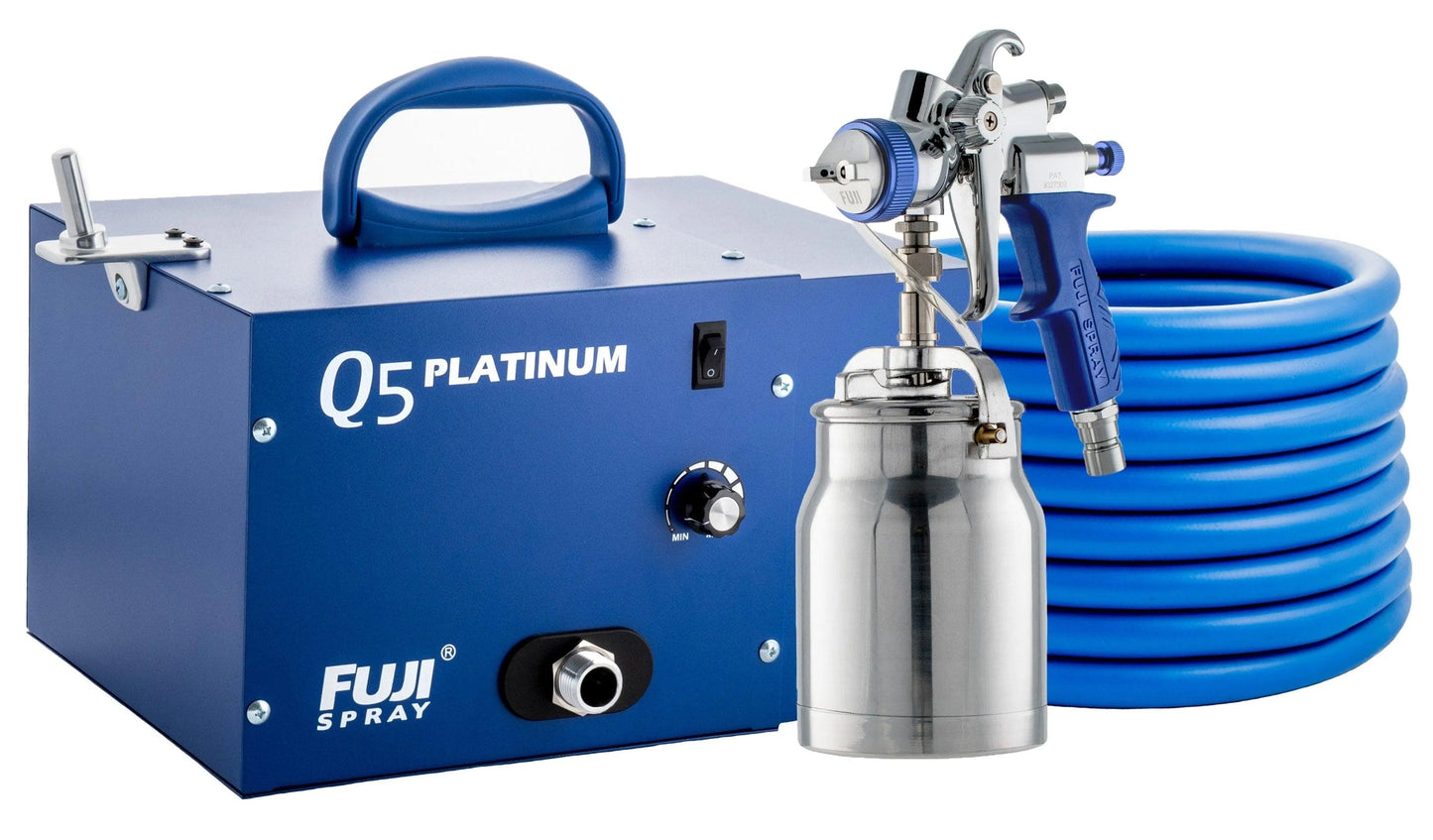 Fuji Spray Q5 Platinum professional HVLP paint sprayer with blue hose and stainless steel cup