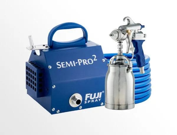 Fuji Spray Semi-Pro 2 HVLP paint spray system with blue compressor, metal paint cup, and blue air hose