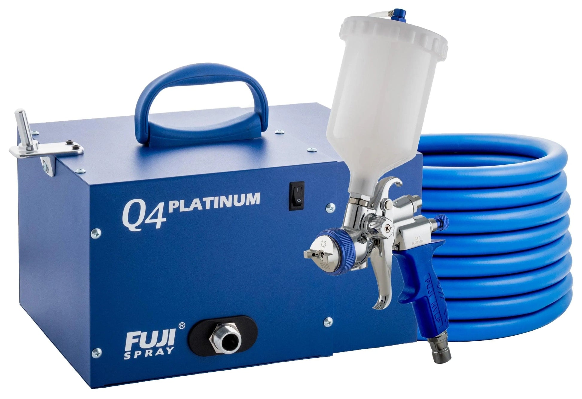 Blue Fuji Spray Q4 Platinum gravity feed paint sprayer with white paint cup and coiled blue hose