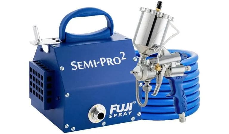 Fuji Spray Semi-Pro 2 bottom feed paint sprayer with blue compressor and coiled hose