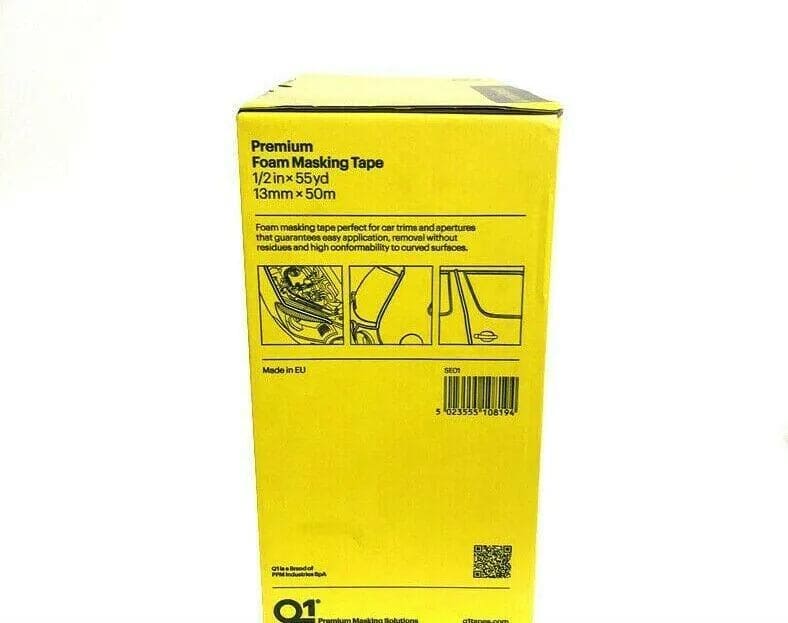 Yellow box of Q1 premium foam masking tape 13mm x 50m with product details and application illustrations