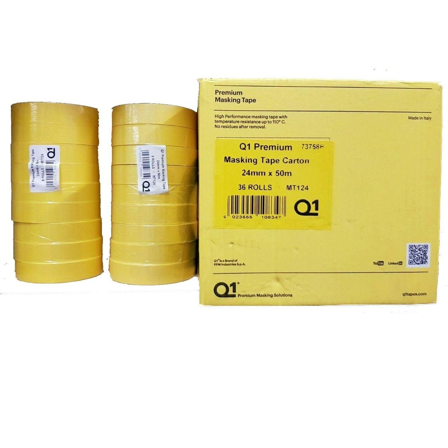 Stacks of yellow Q1 Premium masking tape rolls beside a cardboard carton box with product details