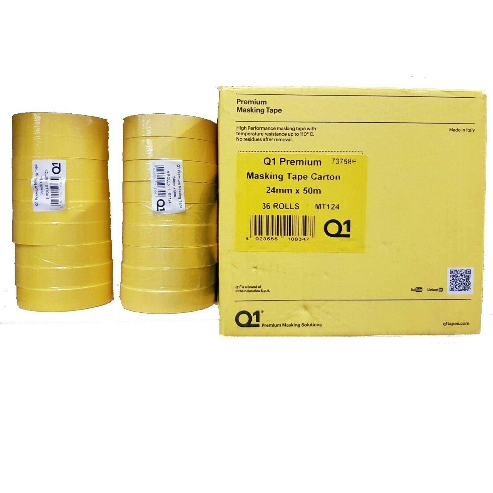 Stacks of yellow Q1 Premium masking tape rolls beside a cardboard carton box with product details